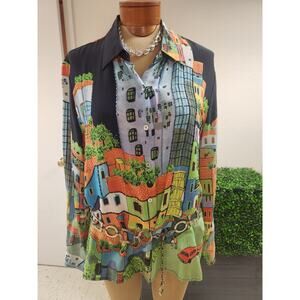 Vtg Nicole Taylor Silk Beaded Scenic Landscape Houses Button Up Shirt Read Descr